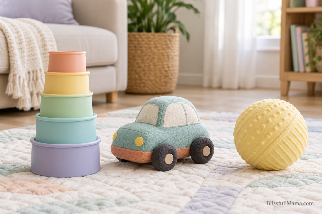 Pastel nesting cups, a fabric toy car and a large textured ball on a quilted play mat.