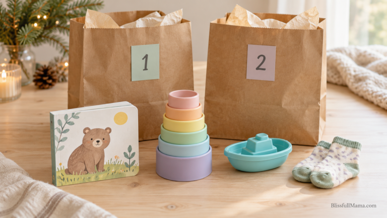 Board book, pastel stacking cups, a bath boat and toddler socks beside numbered paper gift bags.