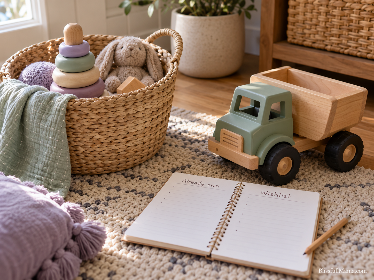  Toy basket beside a notebook listing toys already owned and birthday gift ideas.