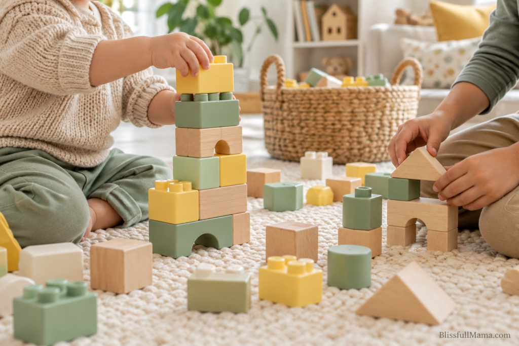 Toddler and older sibling building with large blocks