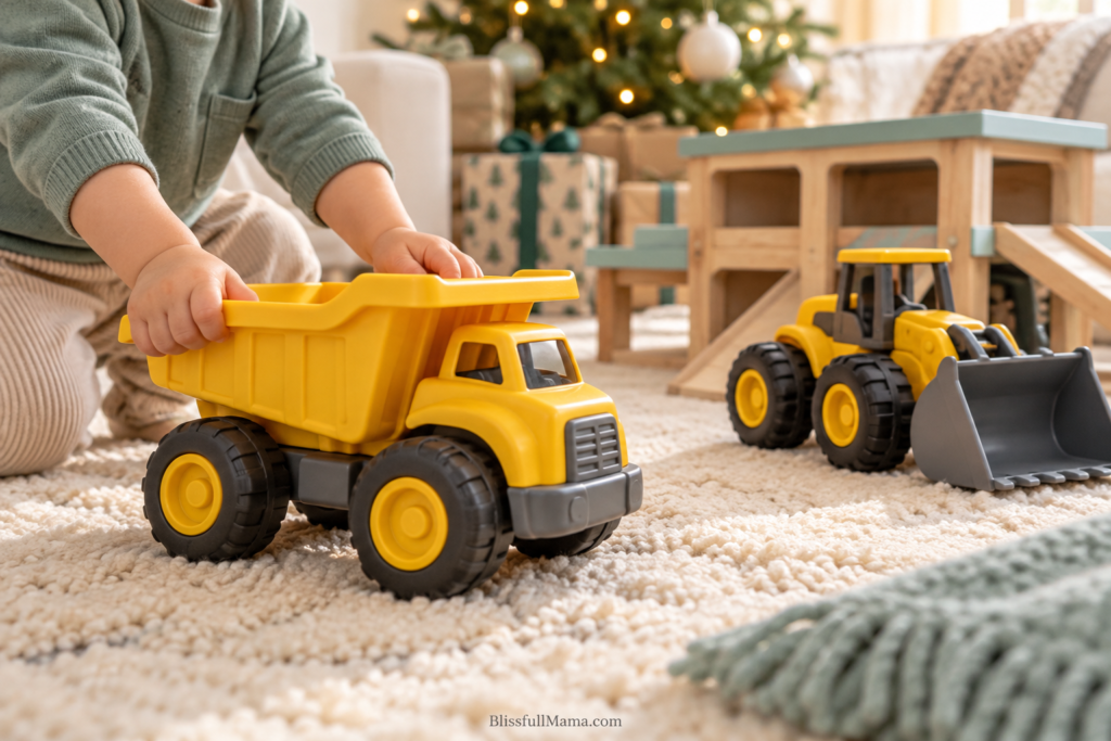 Toddler playing with a large toy dump truck.