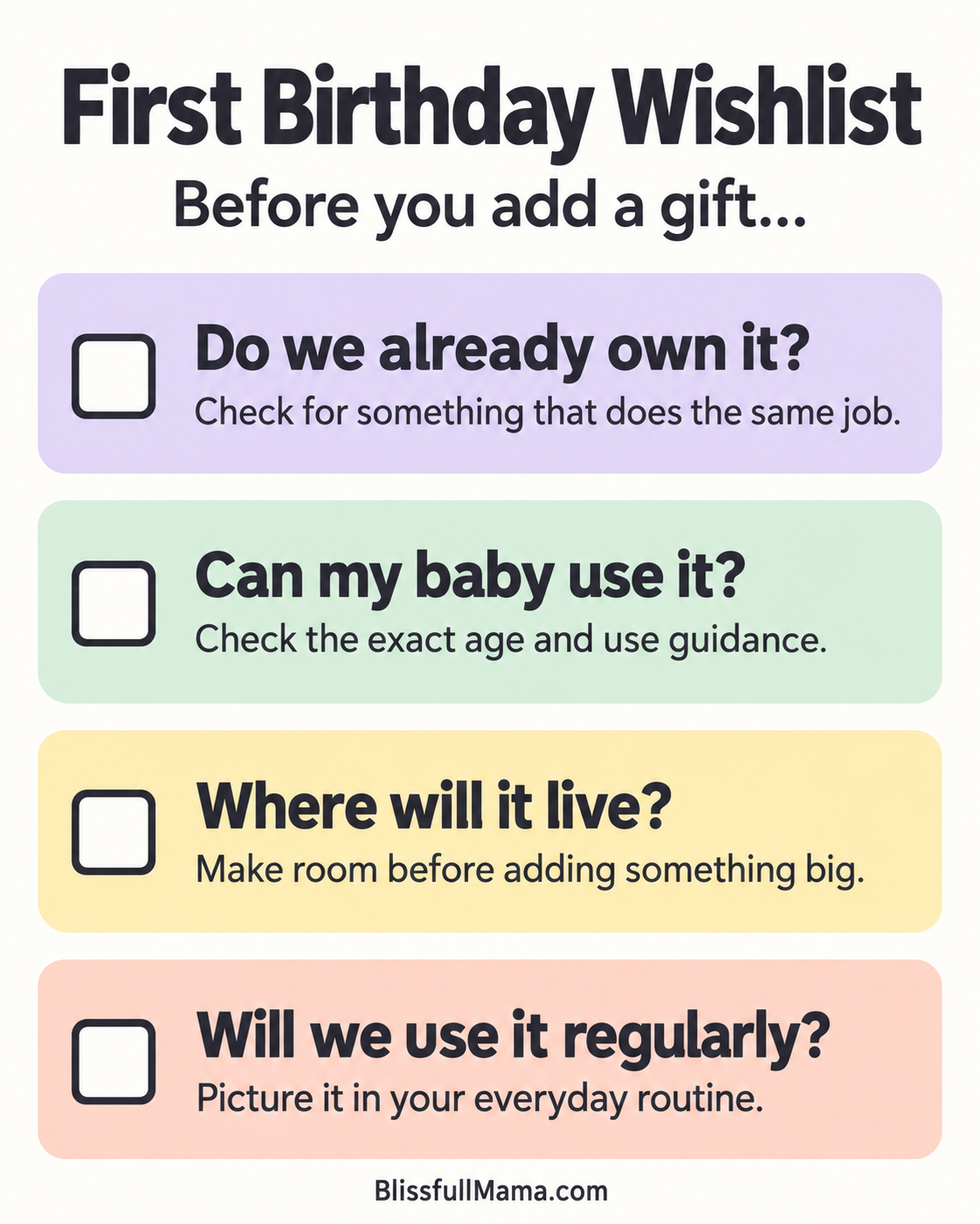 First birthday wishlist checklist covering duplicate gifts, age suitability, storage space, and everyday use.