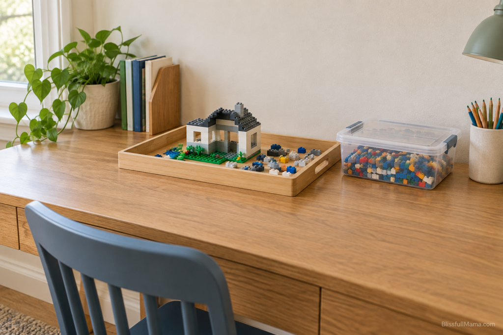 Unfinished brick house on a wooden tray beside a container of building pieces.
