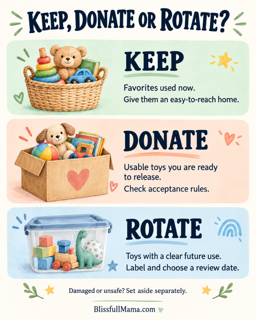 Illustrated guide to keeping favorite toys, donating usable toys, and storing rotation toys.