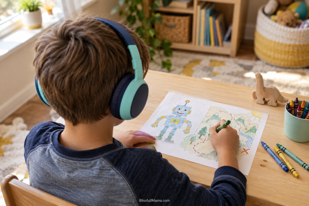 Child drawing a robot and adventure map while listening to an audiobook.