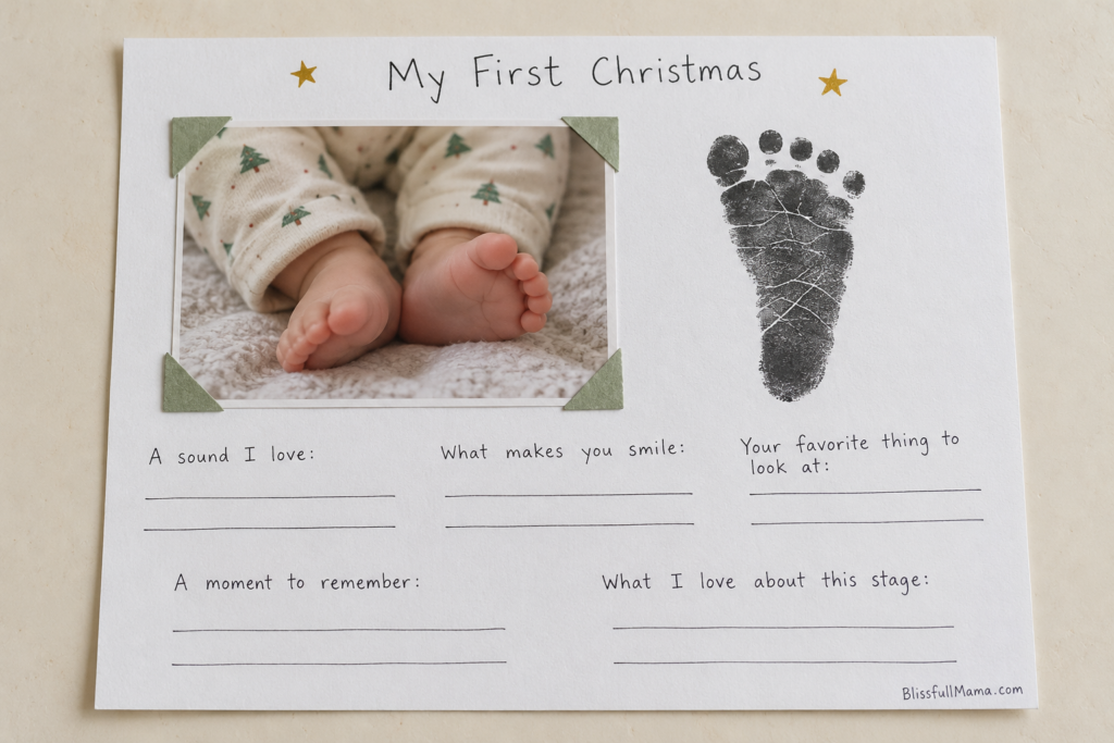 First Christmas memory page with a baby feet photo, a black footprint, and blank lines for personal memories.
