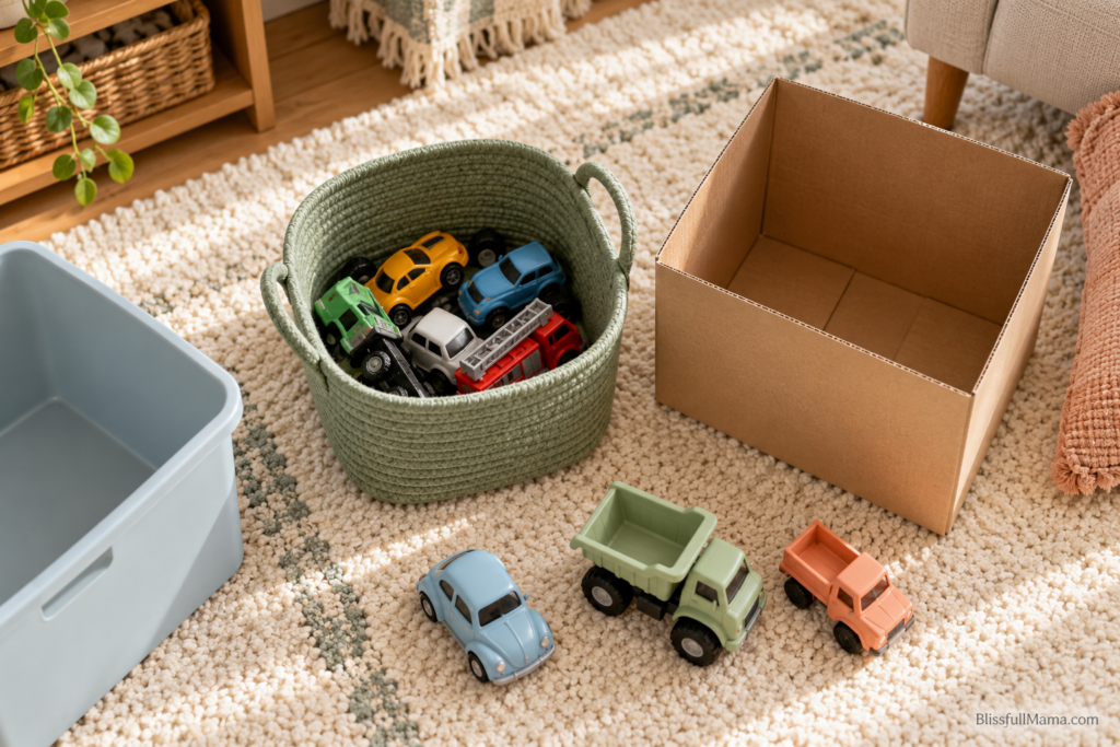 Toy cars and trucks beside a green basket, cardboard box, and blue storage bin.