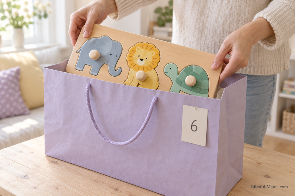 Adult hands placing a complete three-piece animal puzzle into a large lavender gift bag.