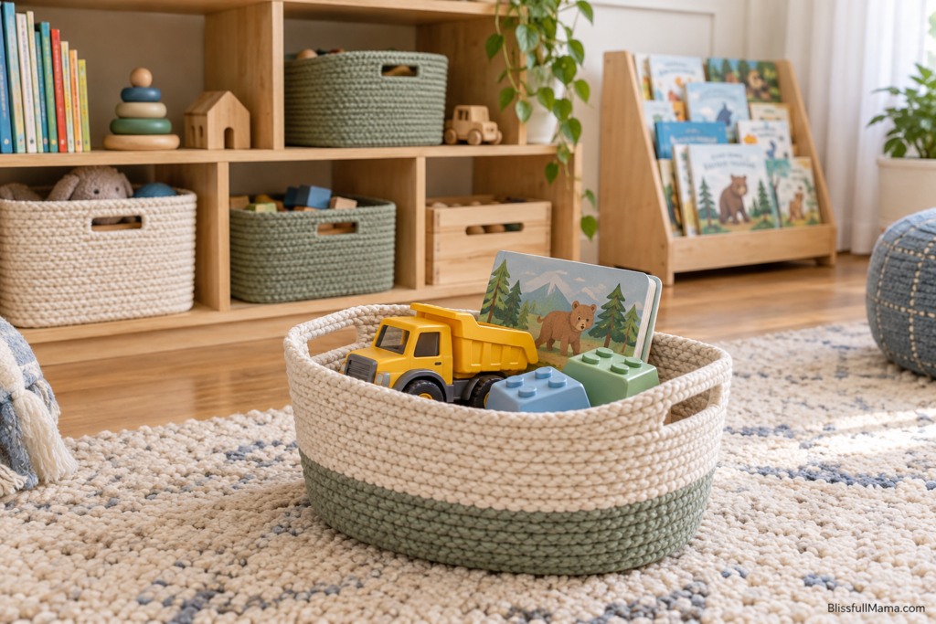 Small basket holding a toy truck, picture book, and blocks near their storage shelf.