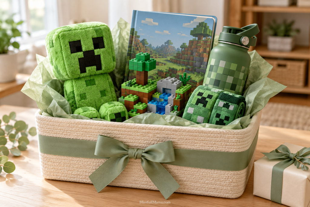 Minecraft-inspired gift basket with a Creeper plush, building toy, book, socks and water bottle.