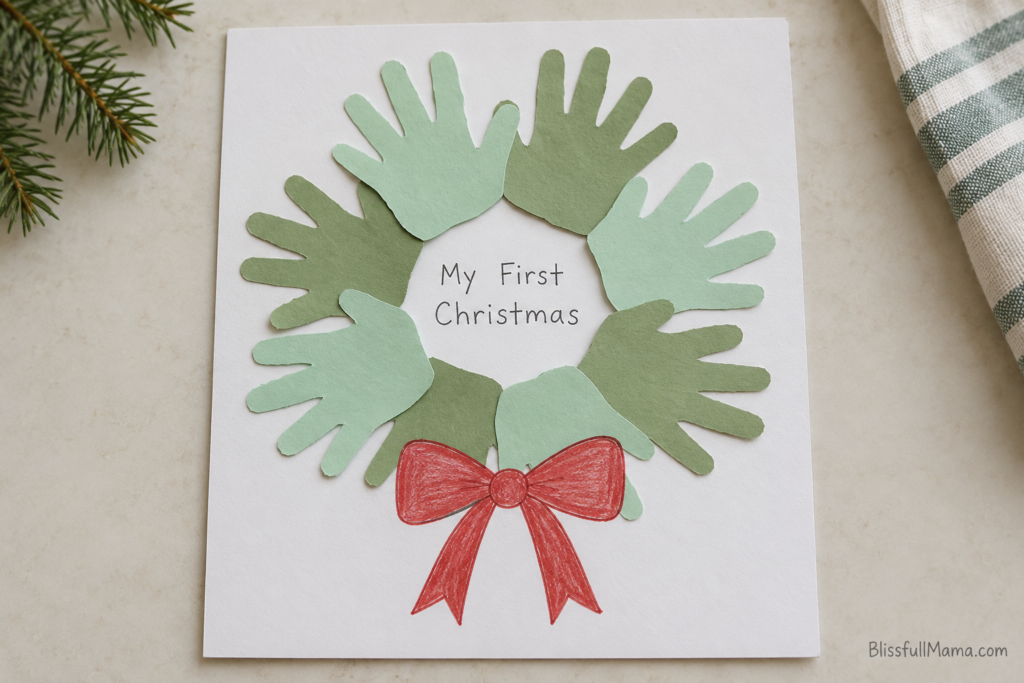 Christmas wreath made from overlapping green paper hand shapes with a red bow and “My First Christmas” in the center.