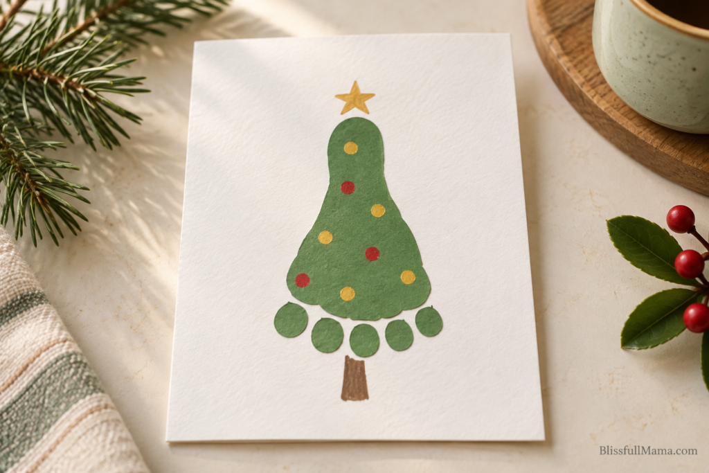 Green paper footprint Christmas tree with red drawn ornaments, a yellow star, and a brown trunk.