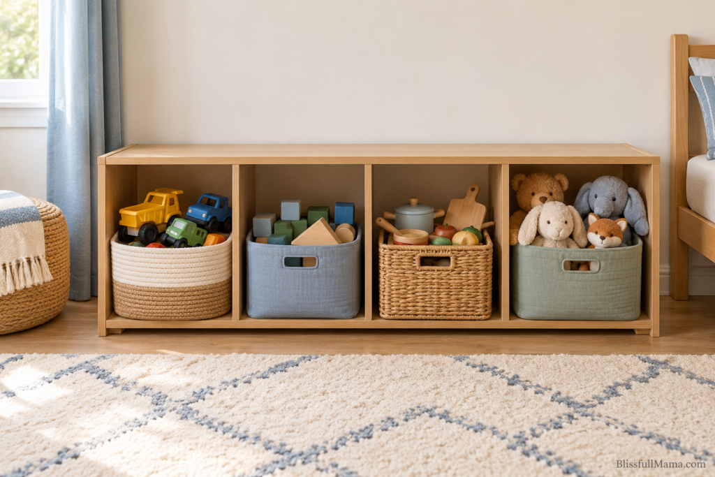 Low wooden toy shelf with separate baskets for vehicles, blocks, pretend-play toys, and plush animals.