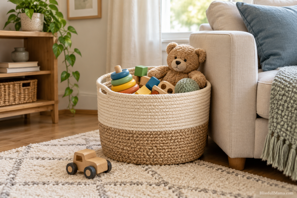 Soft toy basket beside a cream sofa containing blocks, a stacking toy, and a teddy bear.