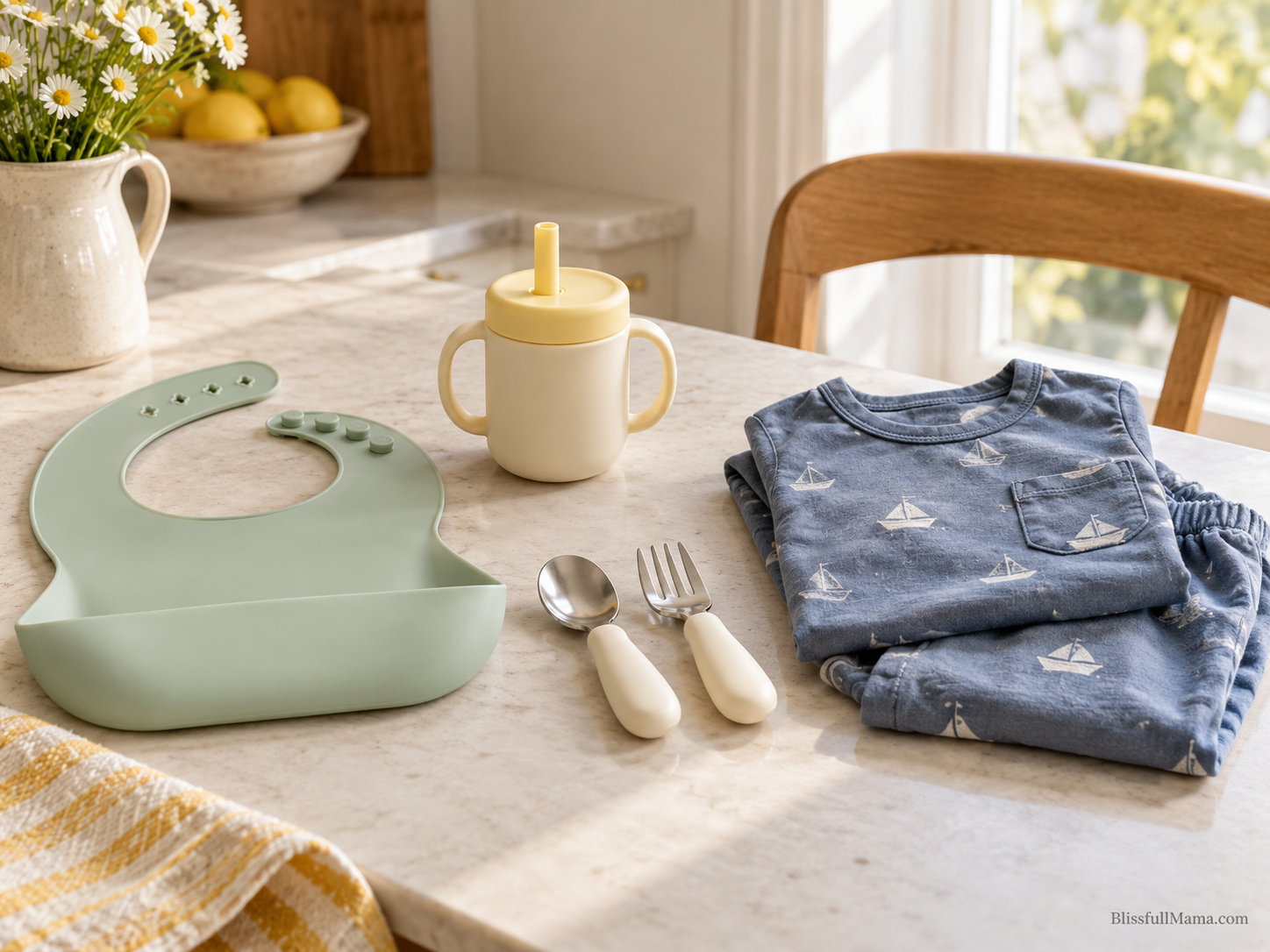  Bib, straw cup, toddler utensils, and folded clothes arranged on a table.