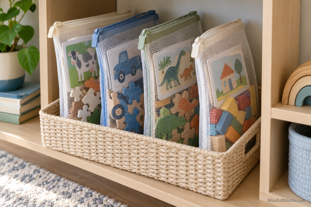Zippered puzzle pouches standing upright in a woven basket on a shelf.