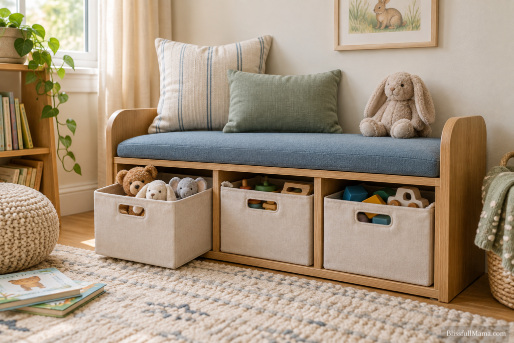 Wooden storage bench with a blue cushion and pull-out fabric toy bins.