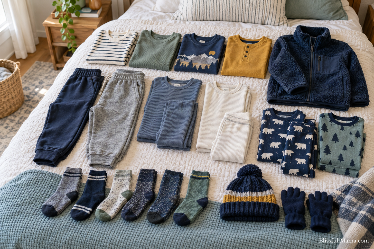 Boys’ winter shirts, joggers, fleece, thermals, socks, and pajamas laid out on a bed