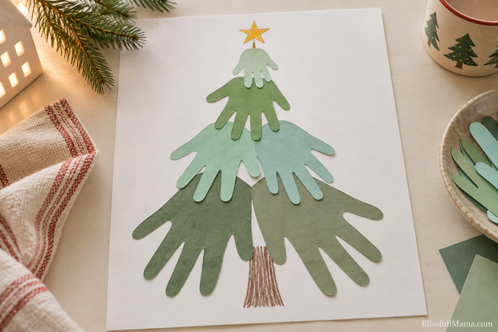 Christmas tree collage made from green paper hand shapes in different sizes, topped with a yellow star.