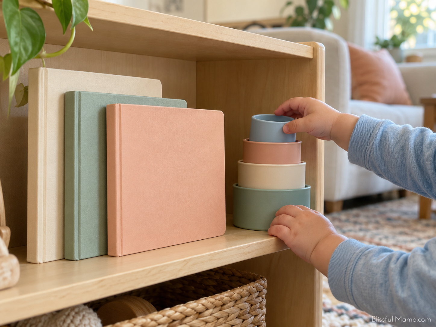  Toddler hands reaching for nesting cups beside board books on a low shelf.