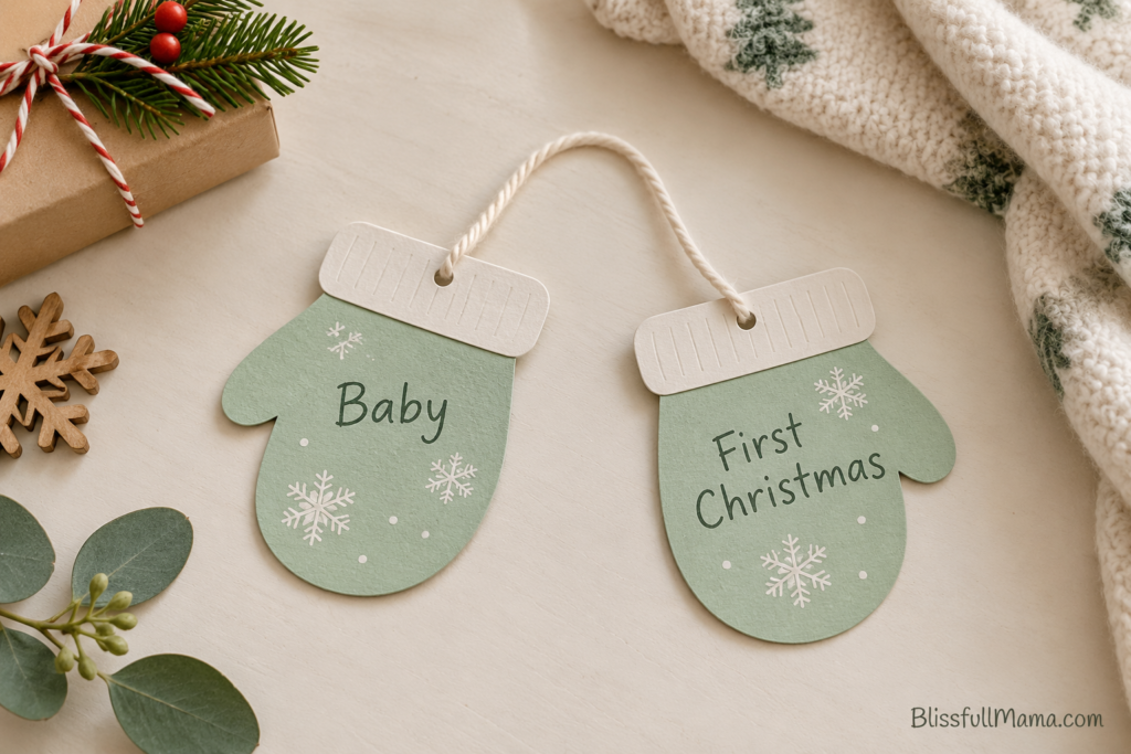 Two mint paper mittens connected with cream string, decorated with snowflakes and the words “Baby” and “First Christmas.”