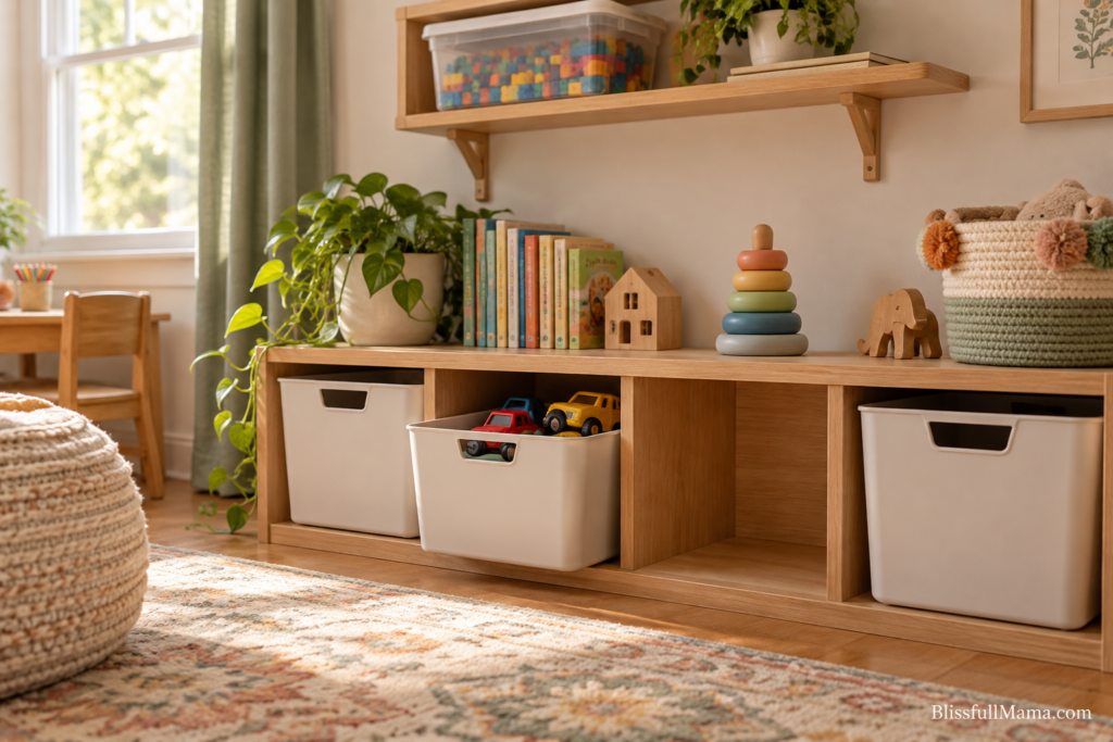 Wooden toy shelf with storage bins, books, toy cars, and an empty cubby.