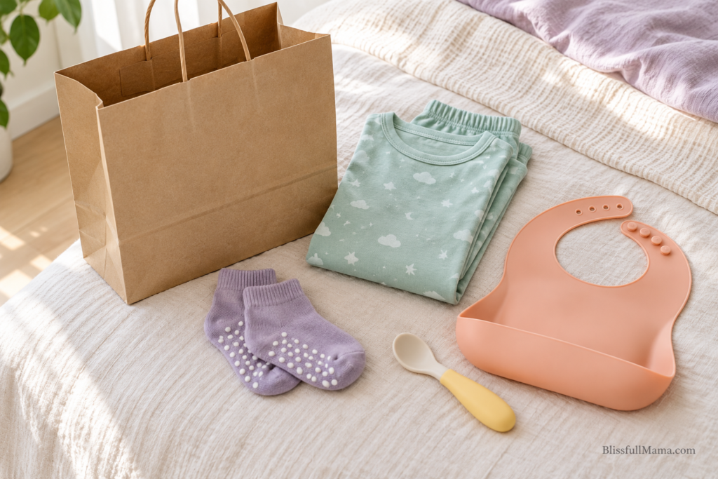 Toddler grip socks, folded pajamas, a silicone bib and a feeding spoon beside a paper gift bag.