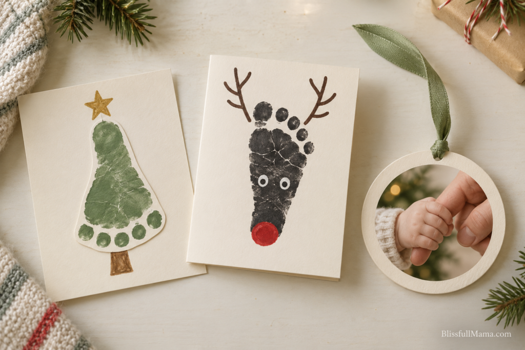 Baby’s first Christmas crafts: a footprint tree, reindeer card, and baby-hand photo ornament on a cream table.
