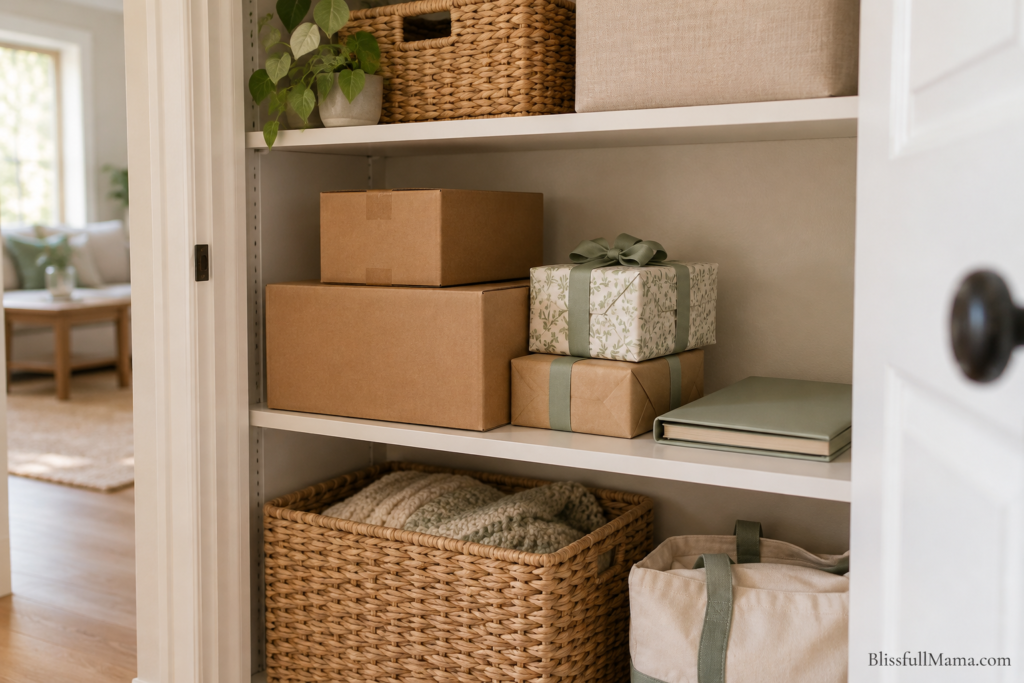 Closet shelf holding shipping boxes, wrapped gifts, and a receipt folder.
