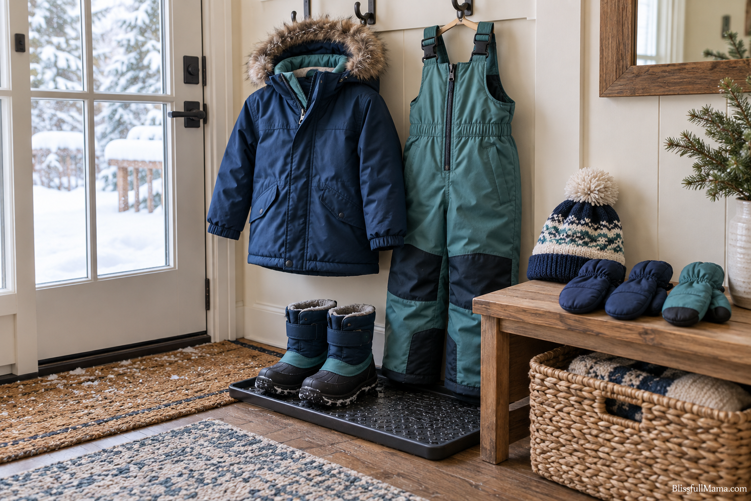 Boy’s winter coat, snow bib, boots, hat, and mittens ready by the door