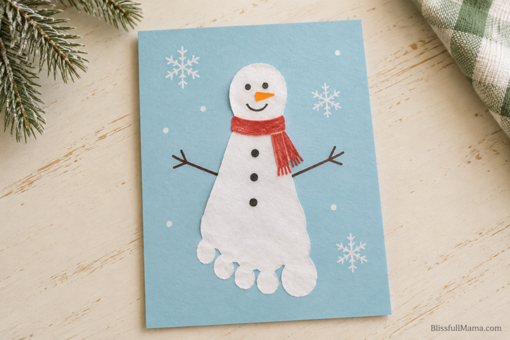 White footprint-shaped paper snowman with a red scarf, drawn buttons, and snowflakes on blue cardstock.