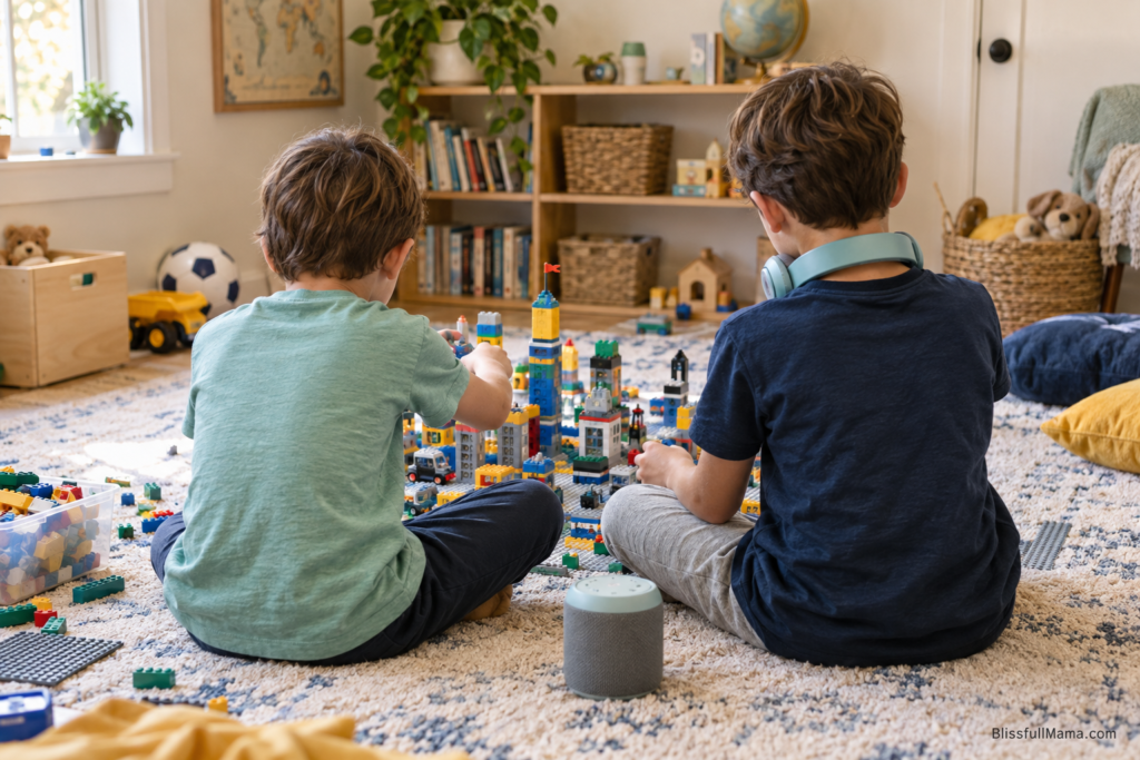 Two brothers listening to an audiobook while building with blocks during quiet time.