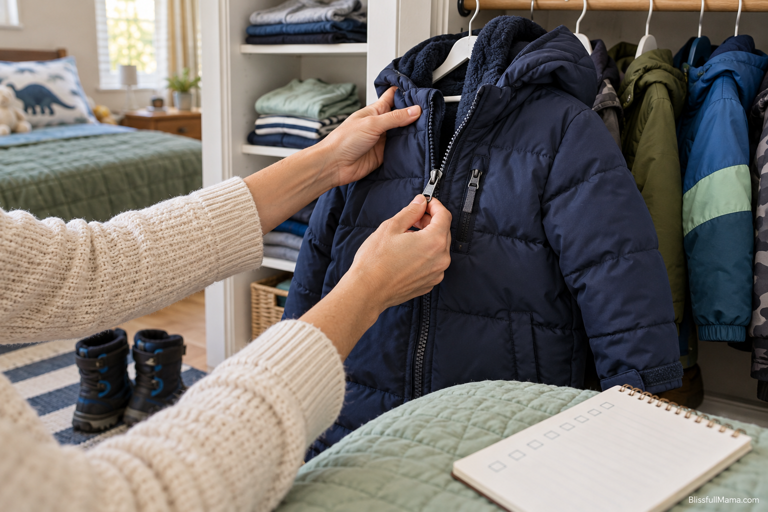 Checking the zipper and fit of a boy’s winter coat beside an open closet