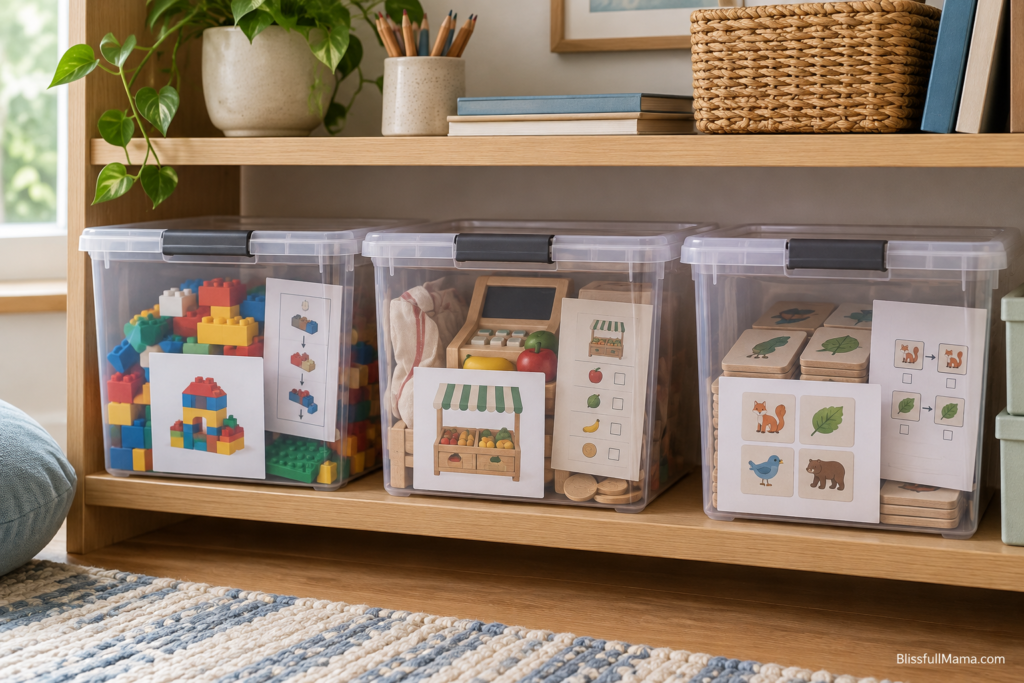 Three clear containers holding separate toy sets with picture cards and instructions.