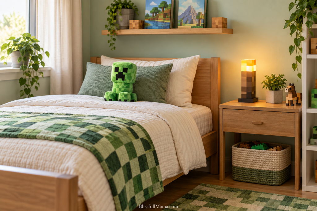 Boys’ bedroom with green accents, a Creeper plush and a pixel torch bedside lamp.