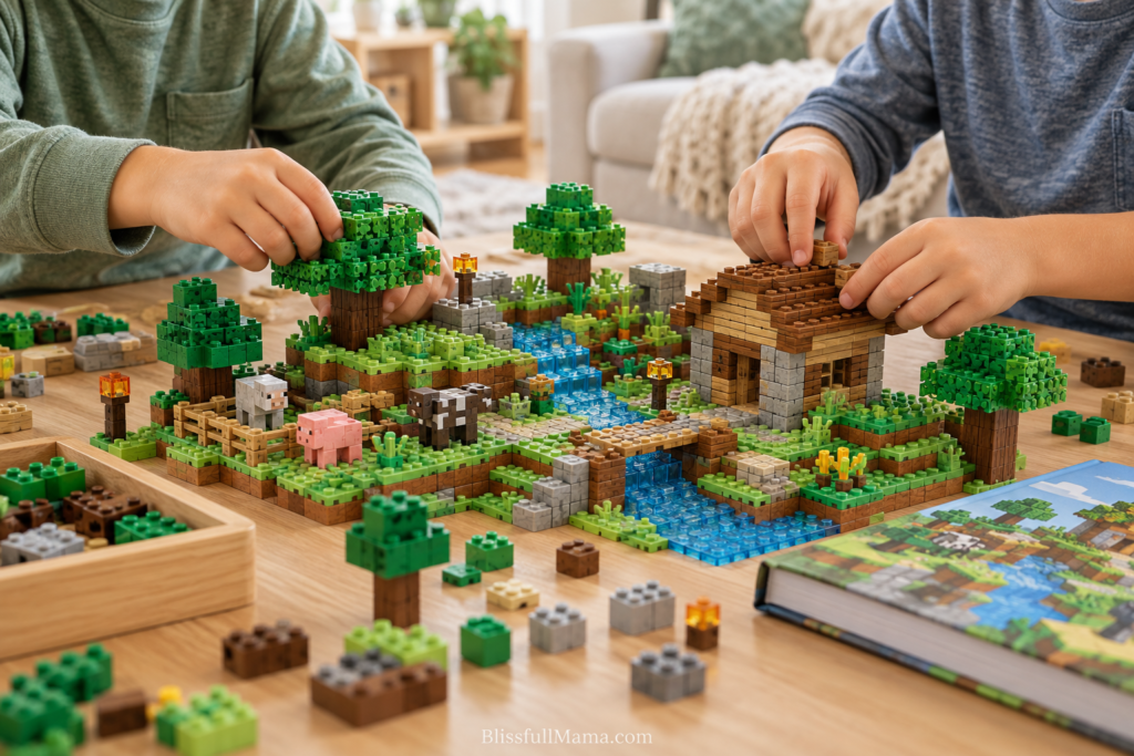 Two boys’ hands building a Minecraft-inspired village with toy bricks at a wooden table.