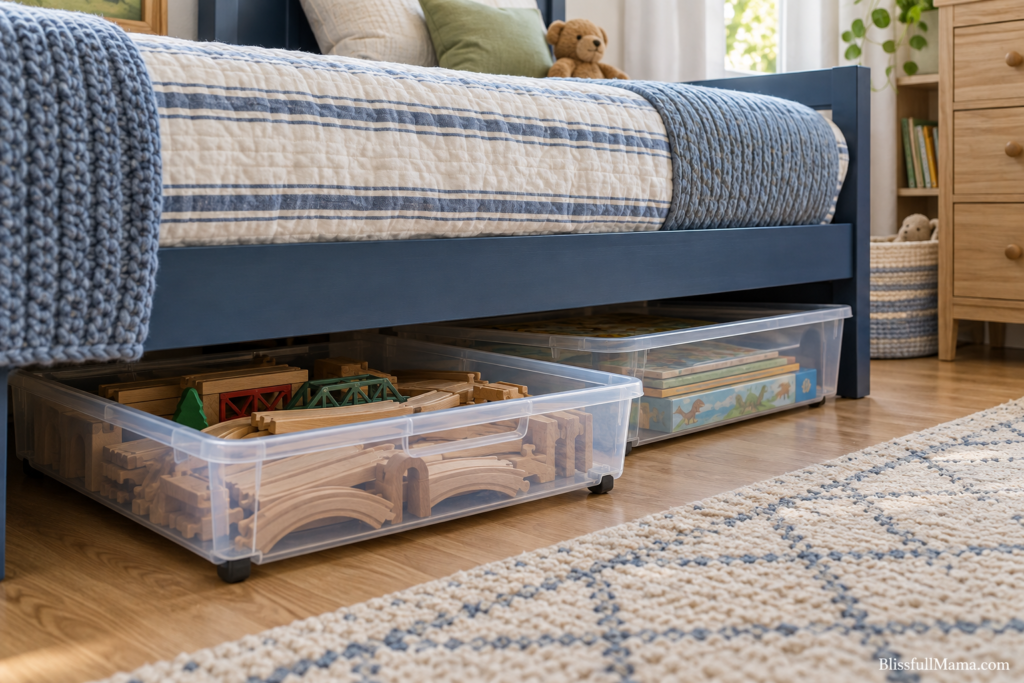 Clear containers holding wooden train tracks and games beneath a blue bed.
