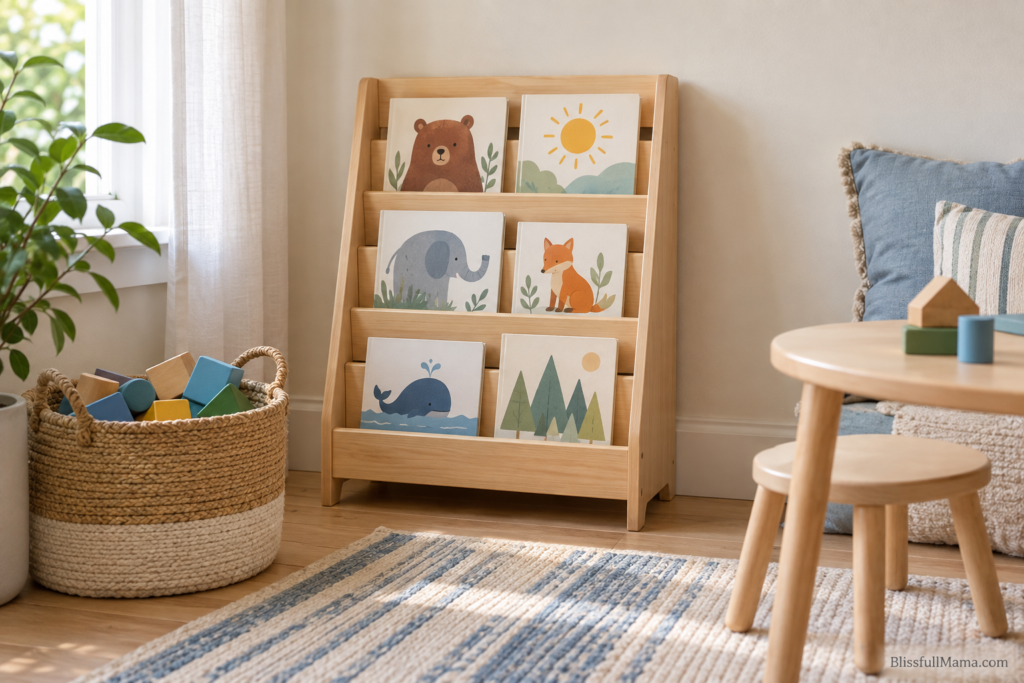 Narrow wooden book rack displaying picture books beside a basket of blocks.