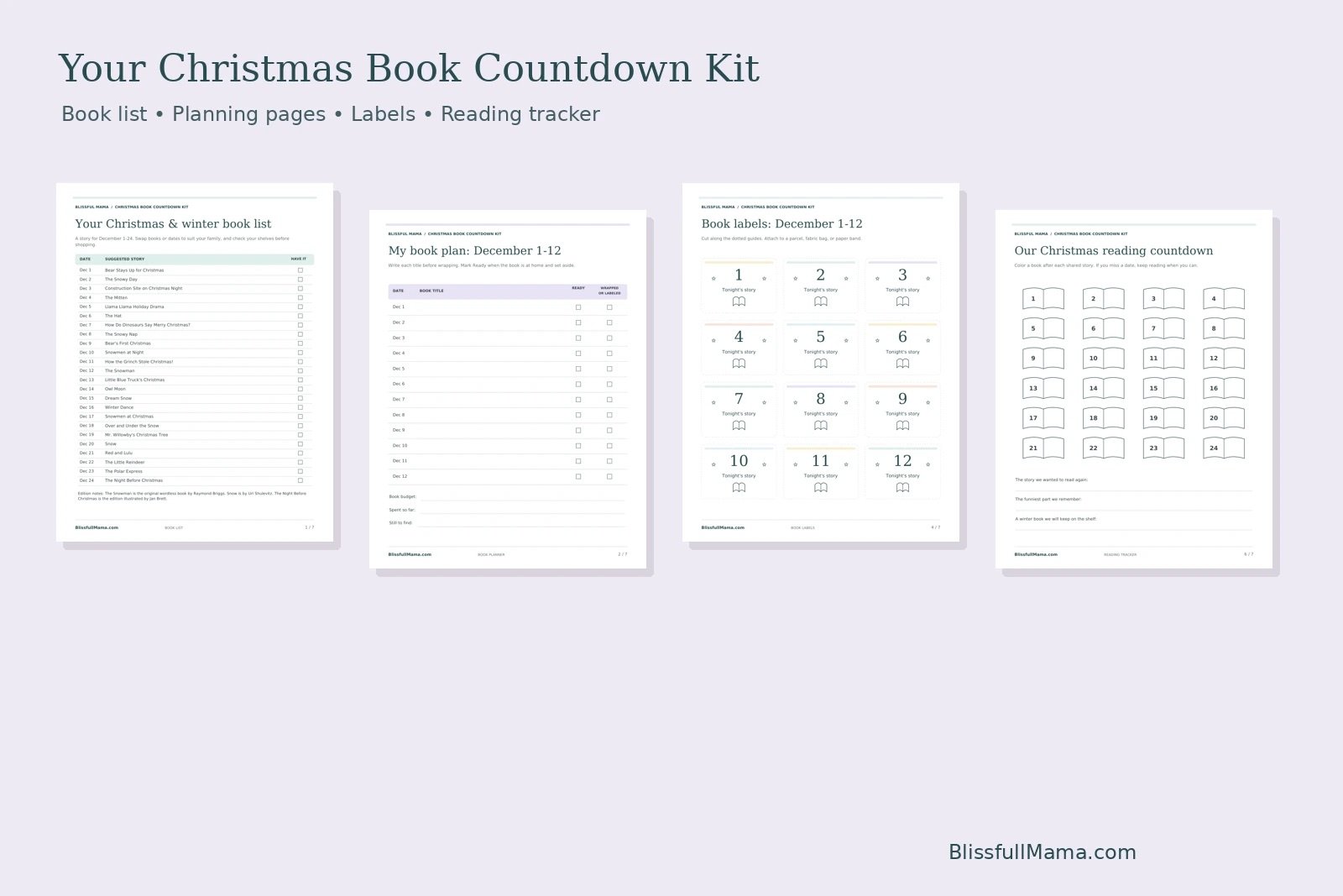  Christmas Book Countdown Kit with a book list, reading planner, numbered labels, and family reading tracker.